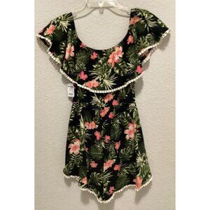 Charlotte Russe Tropical Floral Women's Romper With Ruffle Sleeves & Pom-Pom Tri